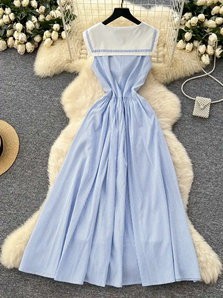 Women's Blue Striped Bow A-line Dress Vintage Sailor Collar Long Dress Y2k One Piece Frocks 2000s Cutecore Clothes Summer 2025 - AliExpress 200000345 Women's Blue Striped Bow A-line Dress Vintage Sailor Collar Long Dress Y2k One Piece Frocks 2000s Cutecore Clothes Summer 2025 - AliExpress 200000345