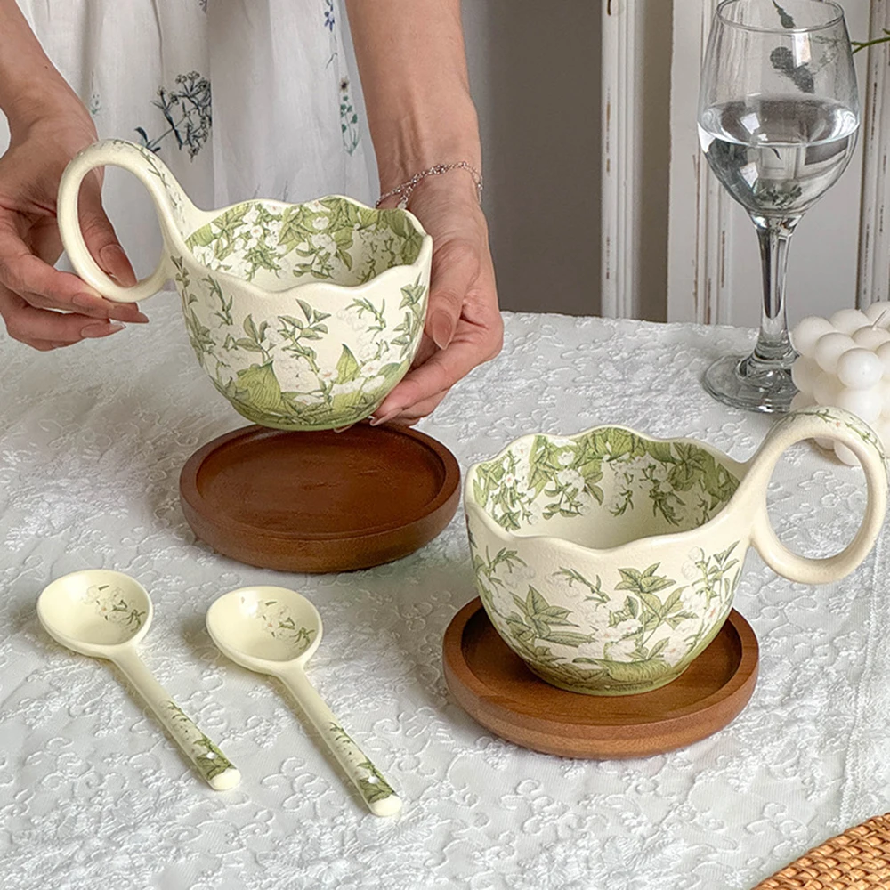Lily of the Valley Ceramic Set Floral Print Coffee Cup Colorful Breakfast Mug Vintage Style Unique Design For Home Drinkware