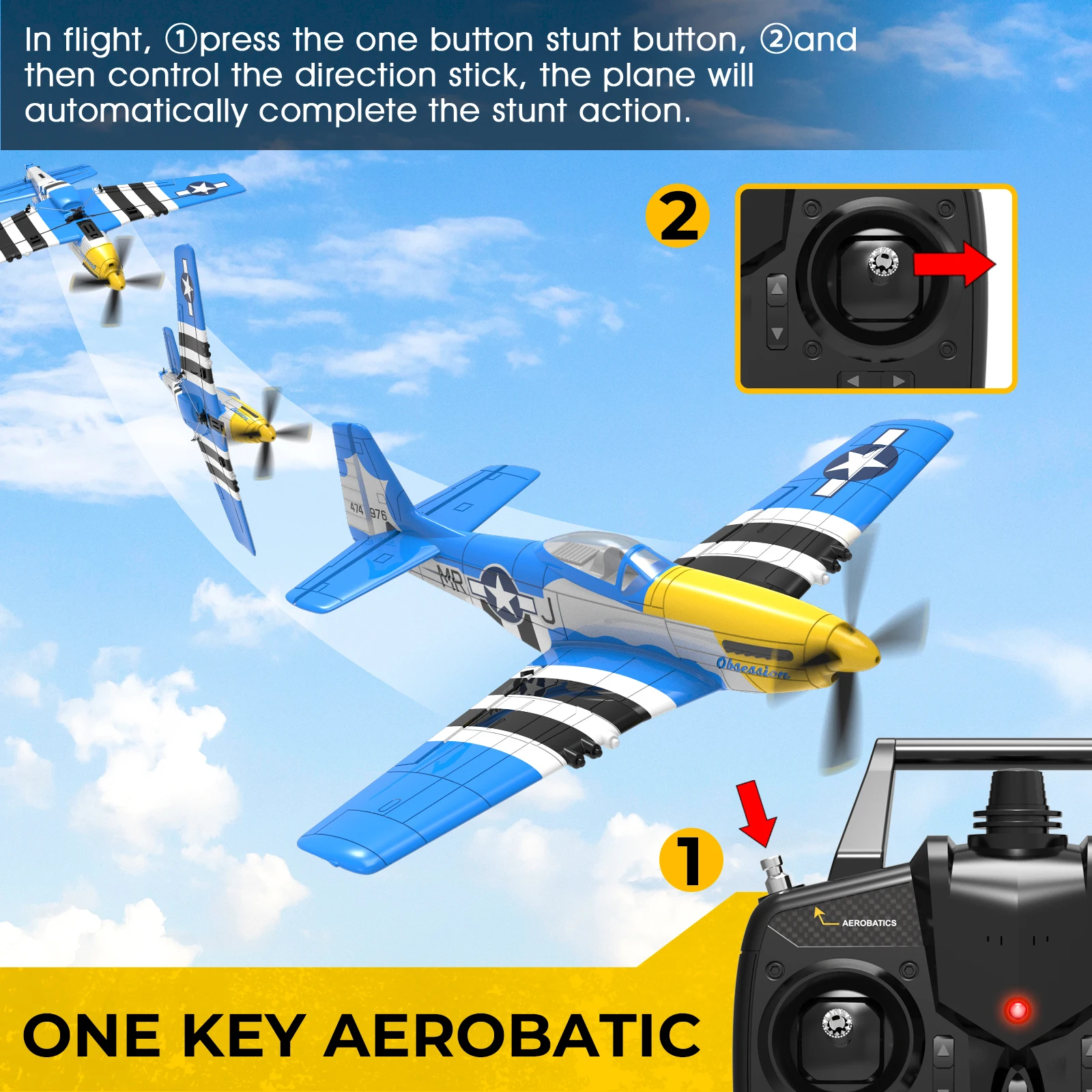 Volantexrc 4-CH P-51D Mustang RC Plane, One-Key Aerobatic, 6-Axis Gyro, 30 Min Flight, Beginner to Pro, Ideal Outdoor Gift.