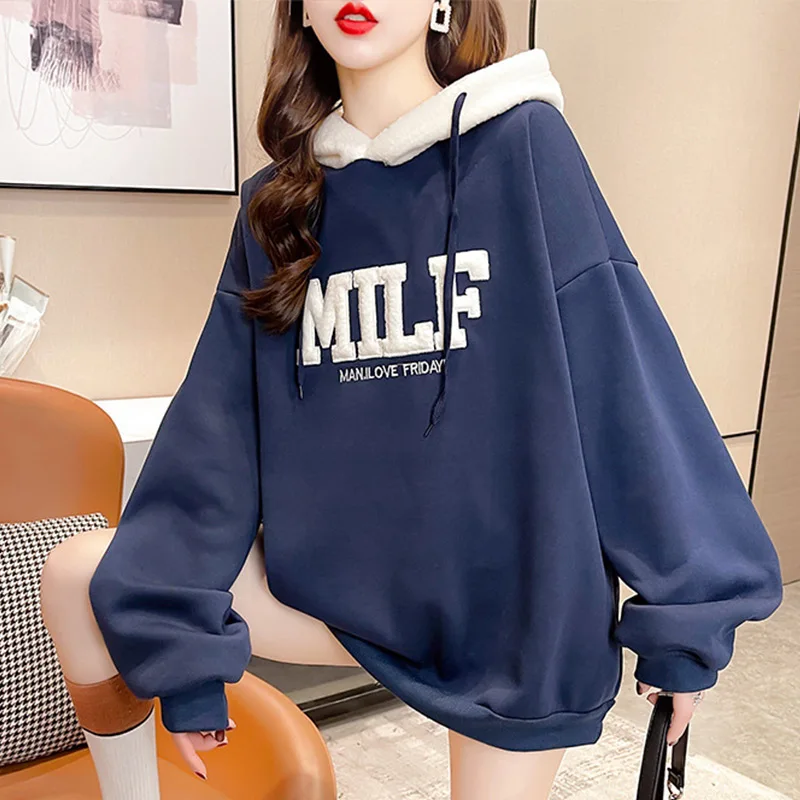 Letter Print Lamb Wool Hoodies Women Fleece Oversize Korean Style Sweatshirts Female 2023 Autumn Girls Casual Pullovers Kpop