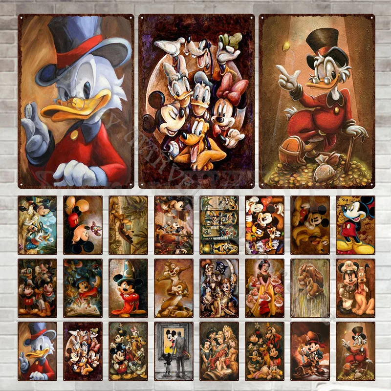 Disney Vintage metalowy znak myszka miki i kaczor Donald blaszane plakietki metalowe naklejki ścienne w stylu Retro plakat na blasze człowiek