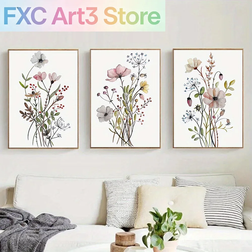 3-teiliges Set rahmenlose Aquarell-Blumenposter, Wildblumen-Kunstdrucke, nordische botanische Leinwandgemälde, Wohnzimmer-Wandkunstbilder