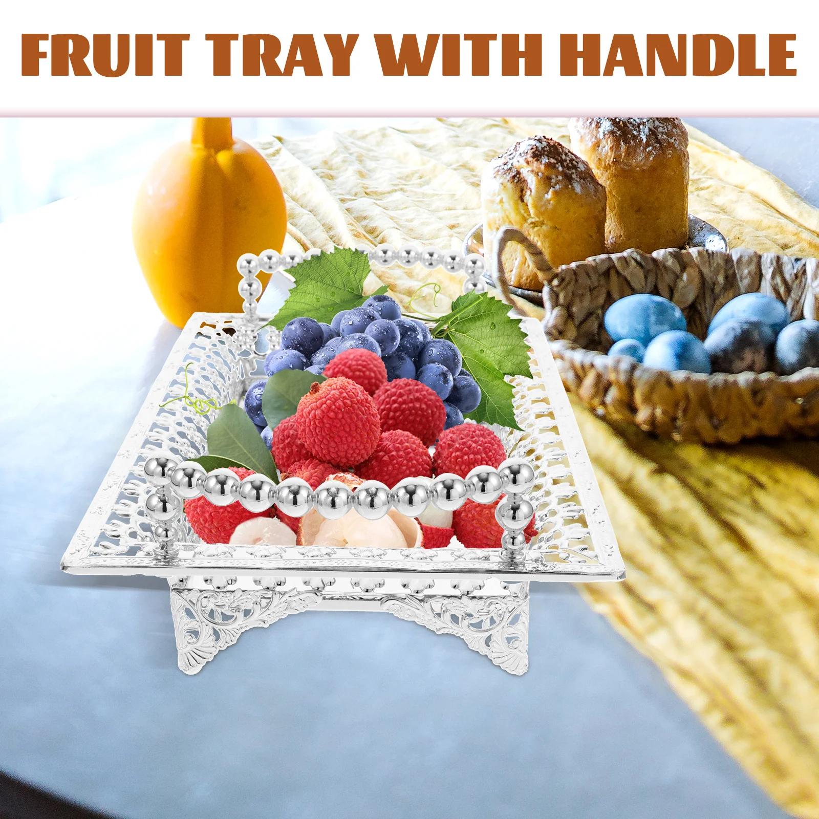 

Metal Fruit Tray Iron Dessert Plate Storage Holder Silver Snacks Candy Container Decorative Serving Tray for Party Home
