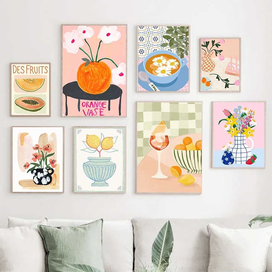 Canvas Painting Galería De Jarrones De Flores Retro, E Impresiones Coloridos Y Funky, Cuadro Sobre Lienzo Para Pared Simple,