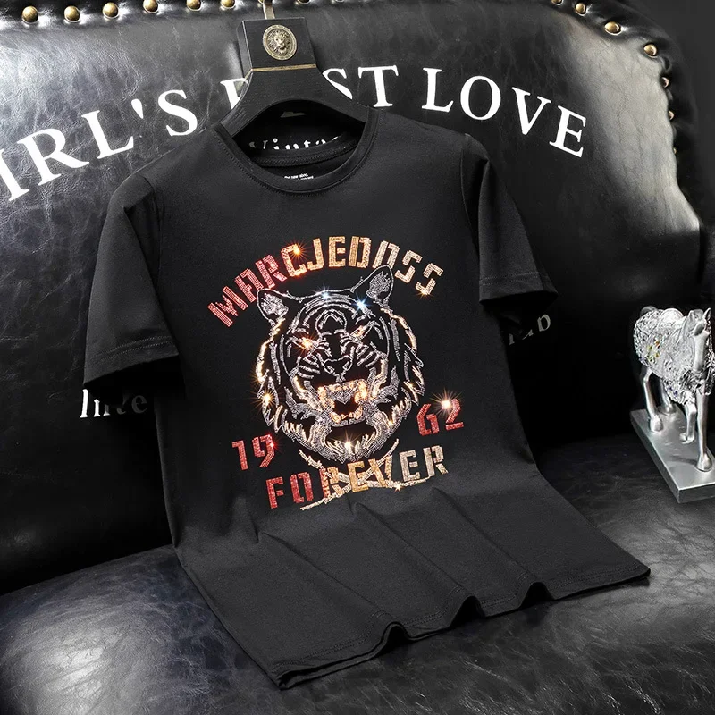 

2025 T Shirt Men Clothing Tiger Rhinestones Fashion Streetwear Modal Cotton O Neck Short Sleeve Slim Mens T-shirts Plus Size 7XL