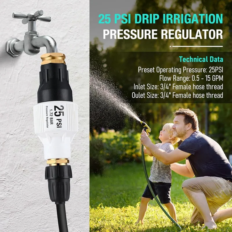 

2 Pack 25Psi Drip Irrigation Pressure Regulator Kit, Water Backflow Preventer For 3/4Inch Garden/Faucet Hose