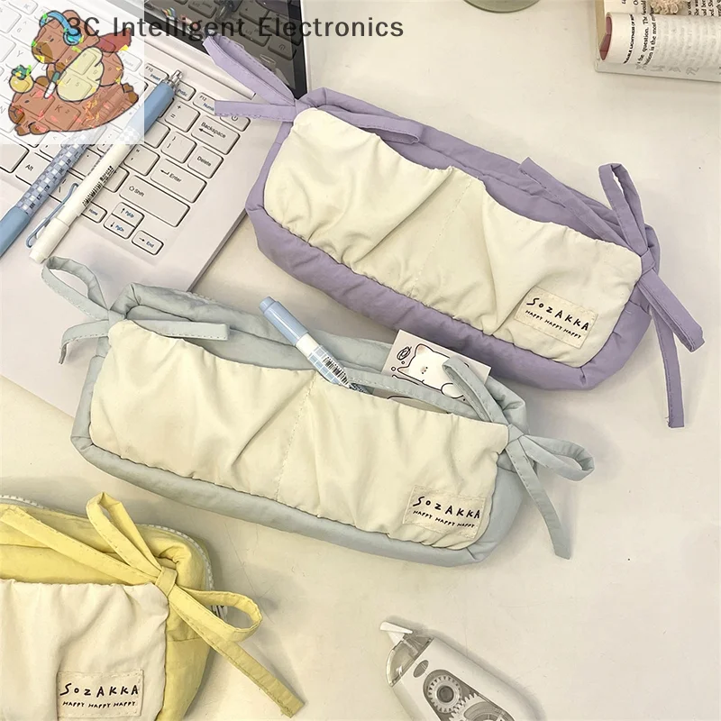 Ins Style Blue Bow Pencil Case Cute Multi Functional Large Capacity Stationery Organizer Storage Bag Student Pen Bag Makeup Bag