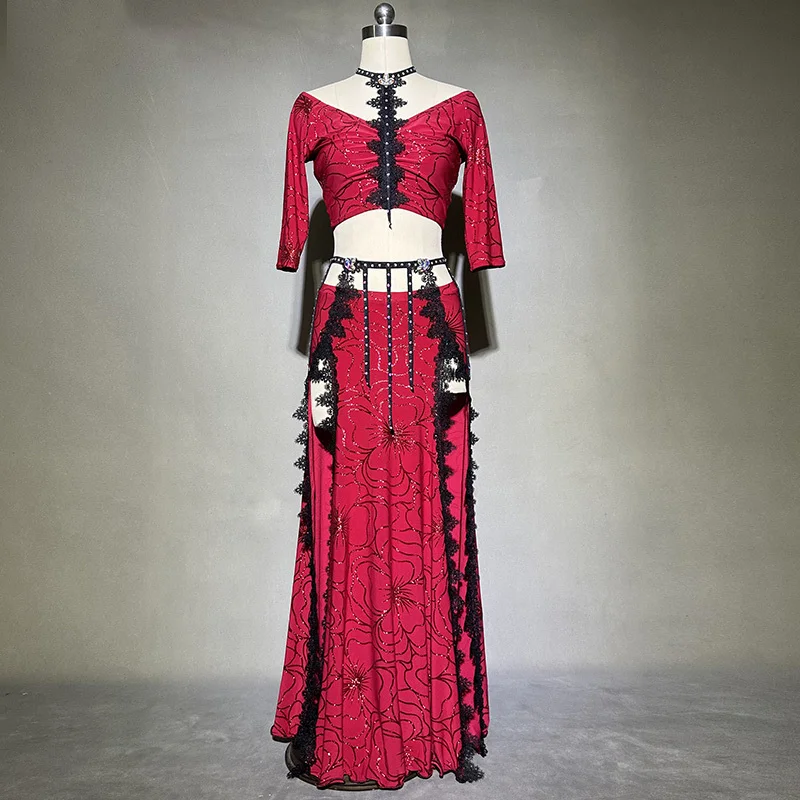 

BellyDance Set Customize AB Stones Tassels Top+rhinestone Split Long Skirt 2pcs Oriental Dance Professional Performance Clothing