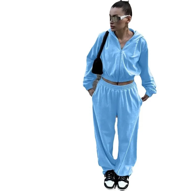 Matching Sets Tracksuit Hooded Sweatshirts Cardigan Solid Hoodies Spliced Wide Leg High Waist Pants Loose Pockets Streetwear