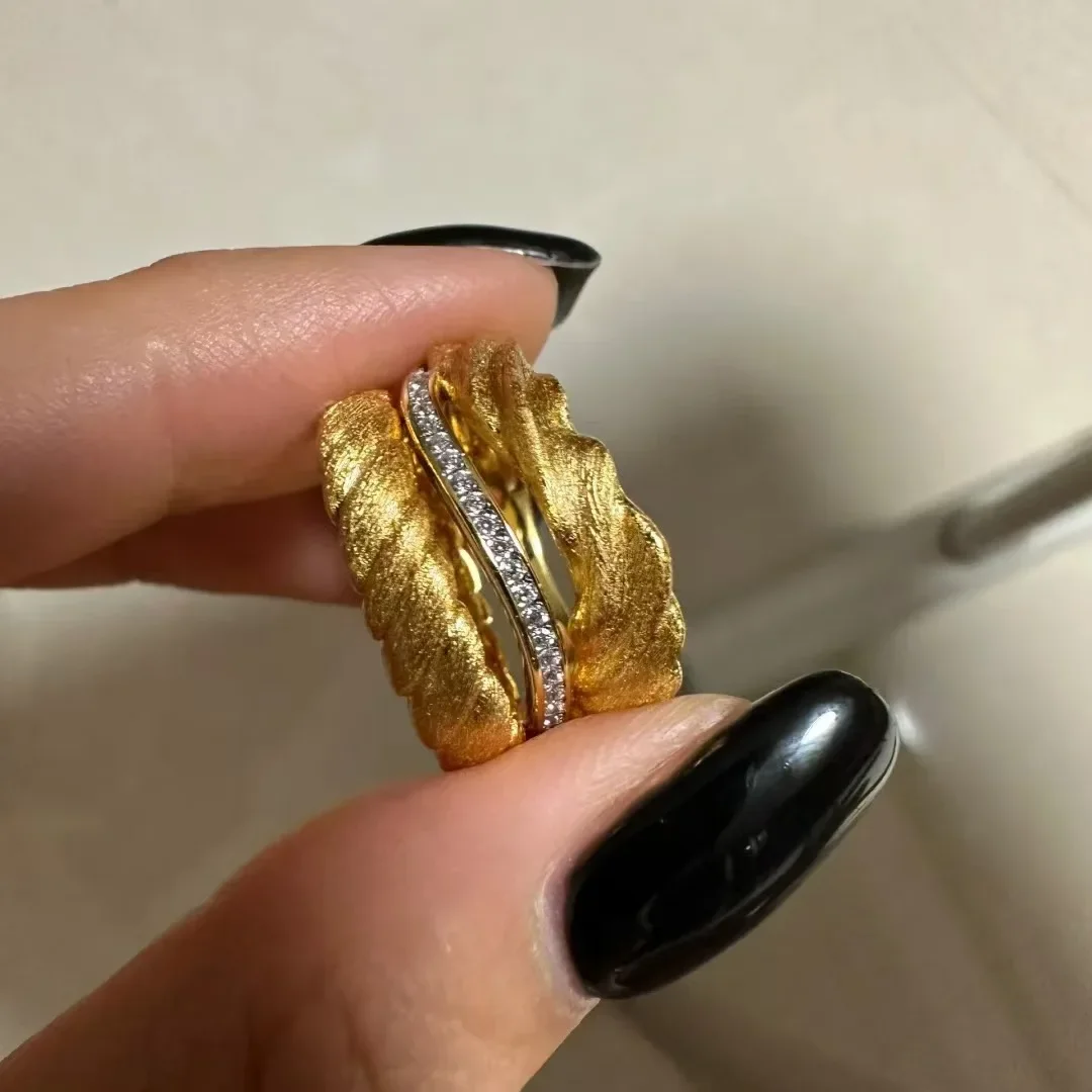 

Classic retro palace style high-end ring brushed wave rings for women inlay diamond Twists adjustable banquet fine jewelry