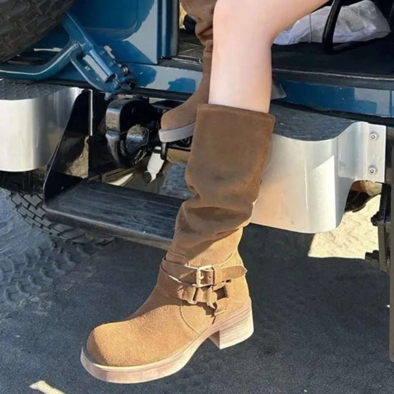 

Women Thigh High Boots Spring Elegant Women Shoes Designer Chunky High Heel Long Booties Suede Party Shoes Western Cowboy Boots