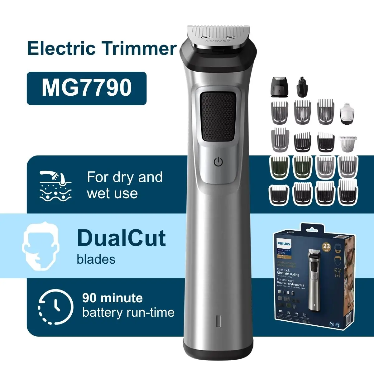 

Philips Norelco Hair Trimmer series 7900 MG7790, Wet & Dry, With 18 Trimming Attachments