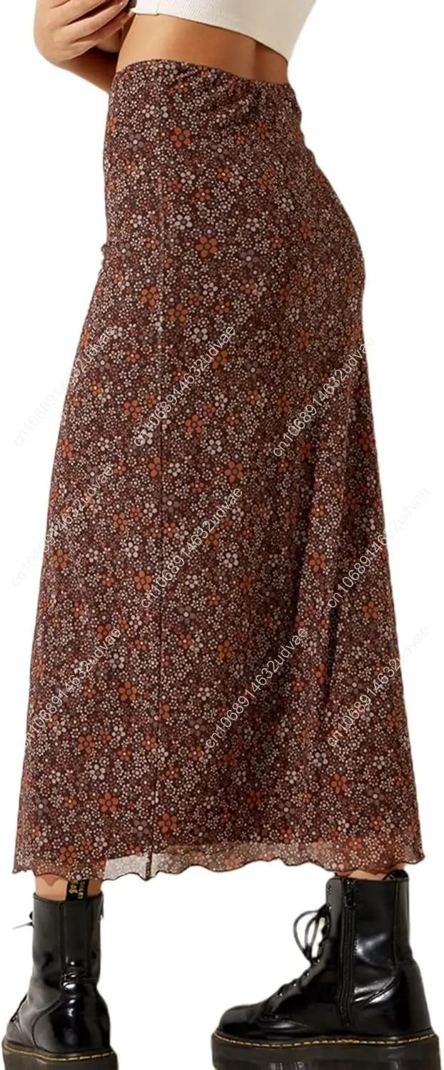 Avanova Women Mesh Floral Boho High Waist Midi Skirt Lettuce Trim Summer A Line Skirt