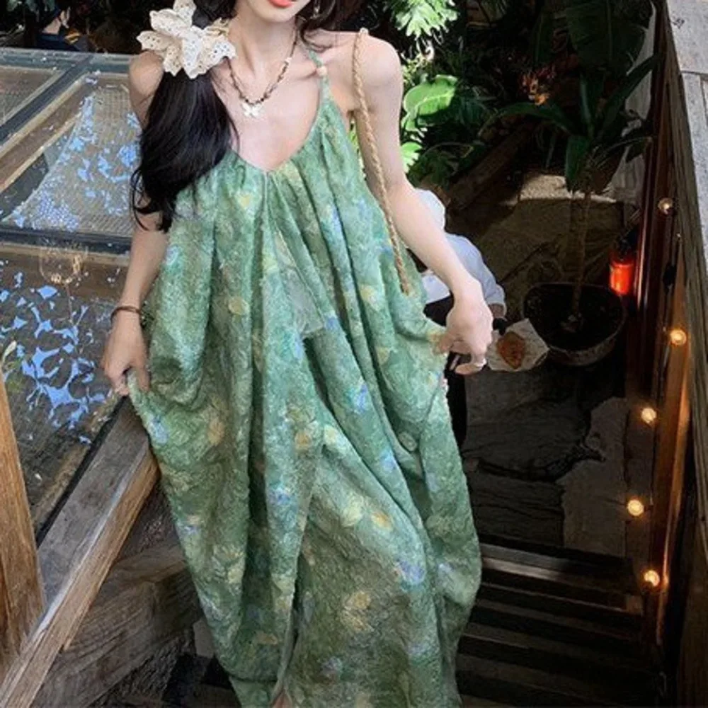 

New 2025 Summer Floral Print Sleeveless Dress Womens Fashion Elegant Chiffon Long Maxi Dress Beach Party Sundress