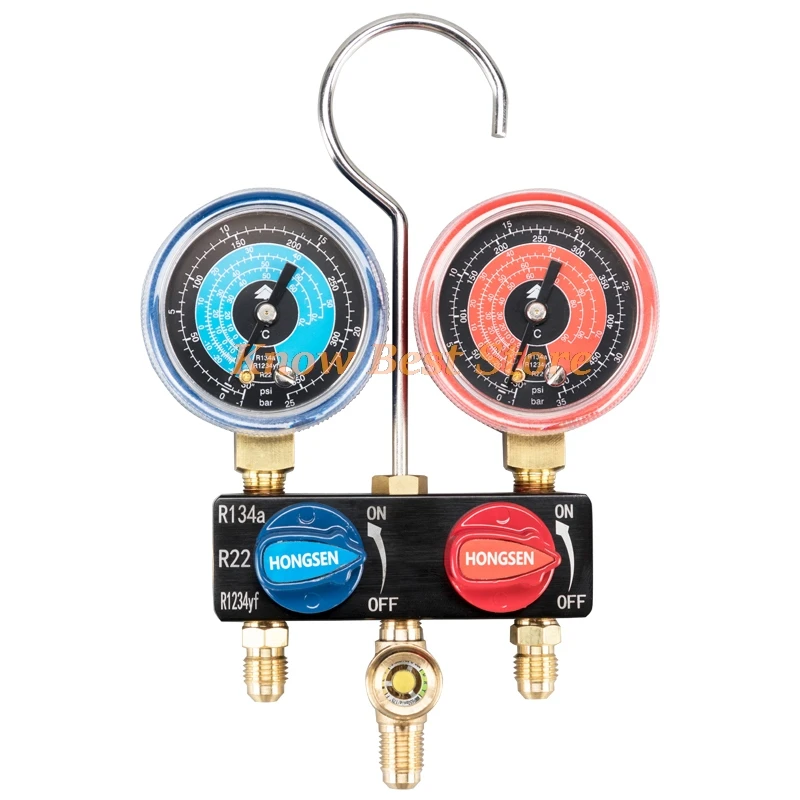 Set Pengukur Manifold Refrigeran AC Hongsen HS-M01 M01-134-A, Pengukur Fluorida Refrigeran untuk R134A R22