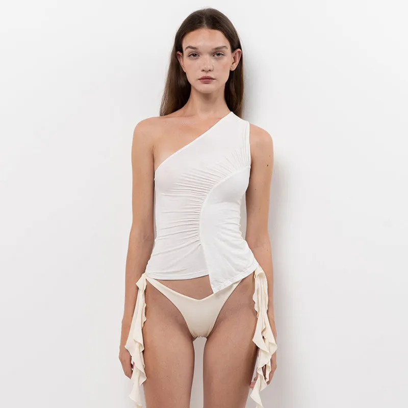 

Майка женская на одно плечо, элегантный однотонный облегающий жилет без рукавов, шикарный винтажный укороченный топ неправильной формы, на лето