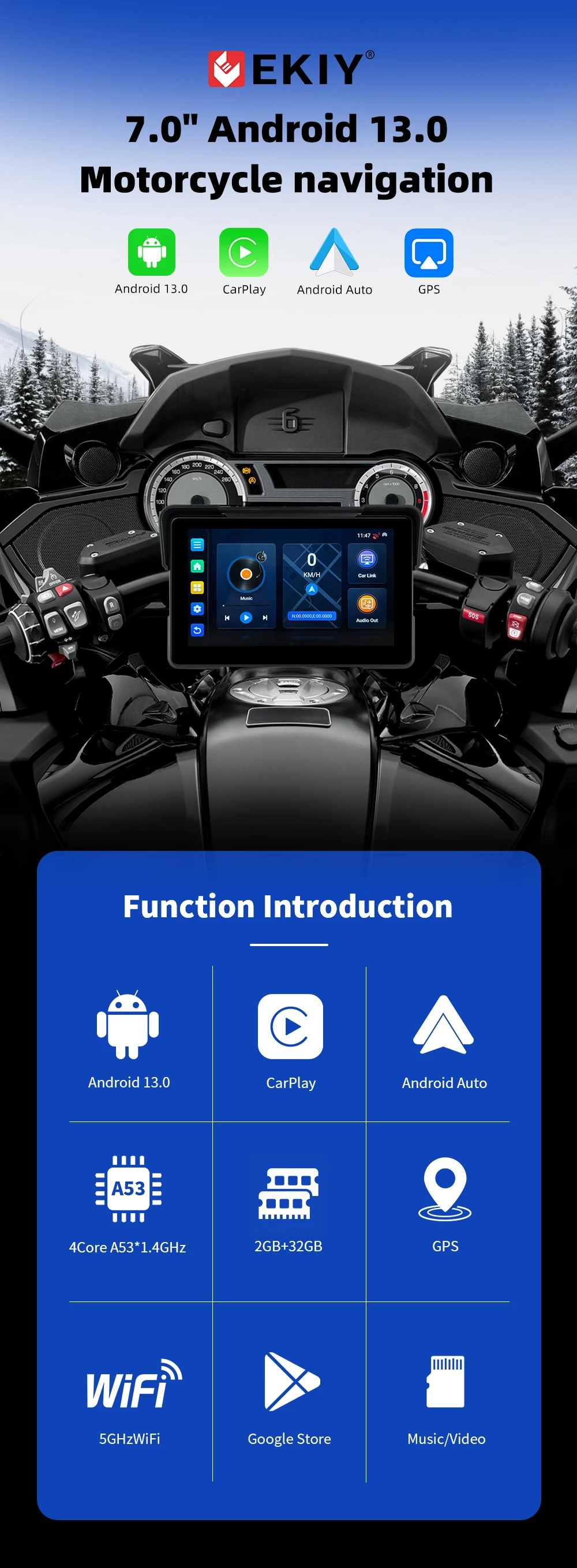 EKIY M21 7-Zoll-Motorrad-wasserdichter kabelloser CarPlay