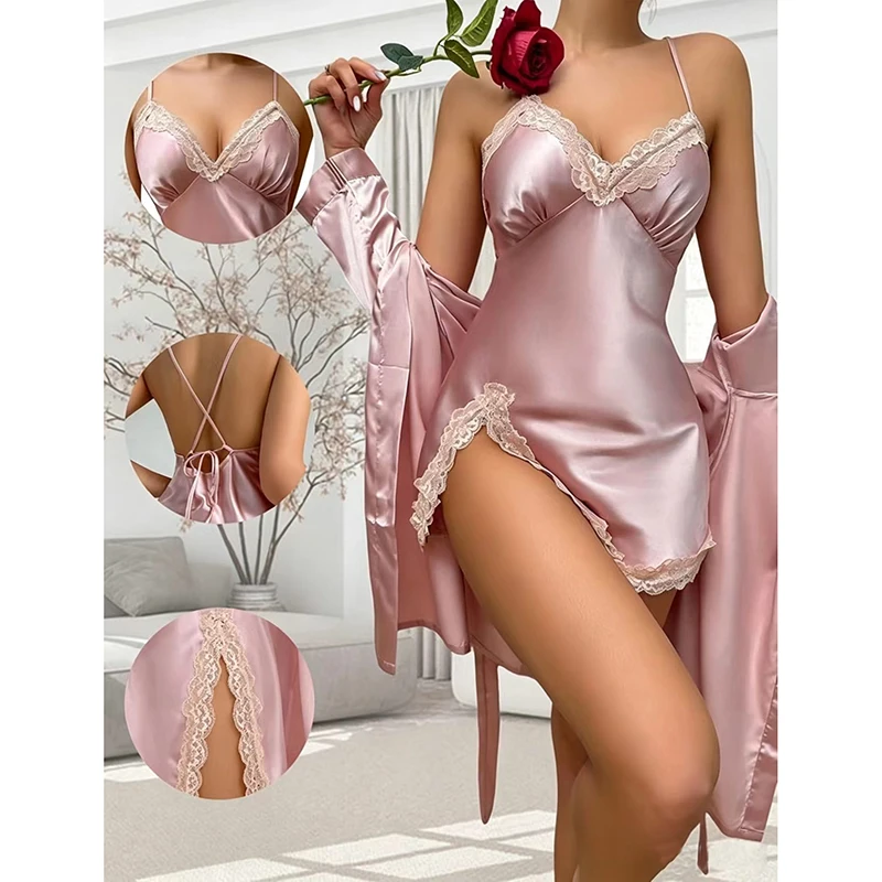 

Women's 2-Piece Silky Loungewear Set Lace Trim Open-Back Slip Dress & Kimono All-Season Breathable