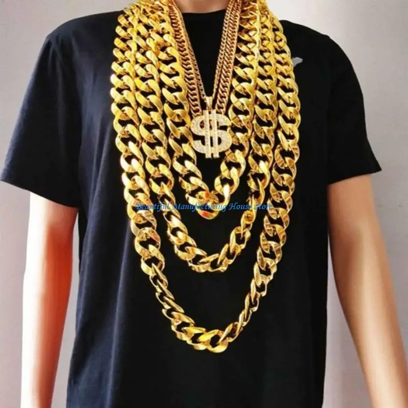 

E56A Sparkling Faux Gold Chain Necklace 90s Hip Hop Fake Gold Costume Necklace Plastic Big Chunky Necklace Rapper Accessory