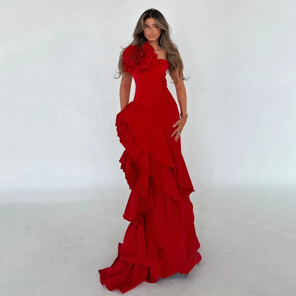 Red Flowers Party Dresses Chic Ruched Pleat Mermaid Prom Gowns Simple Fashion Sleeveless Floor Length Formal Evening Dresses