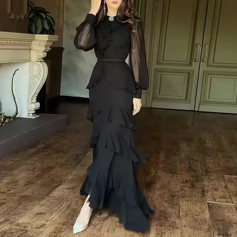 Mode dames herfstjurk met lange mouwen, elegante o-hals, gelaagde ruches, avondjurk, casual effen chiffon, onregelmatige maxi-jurken