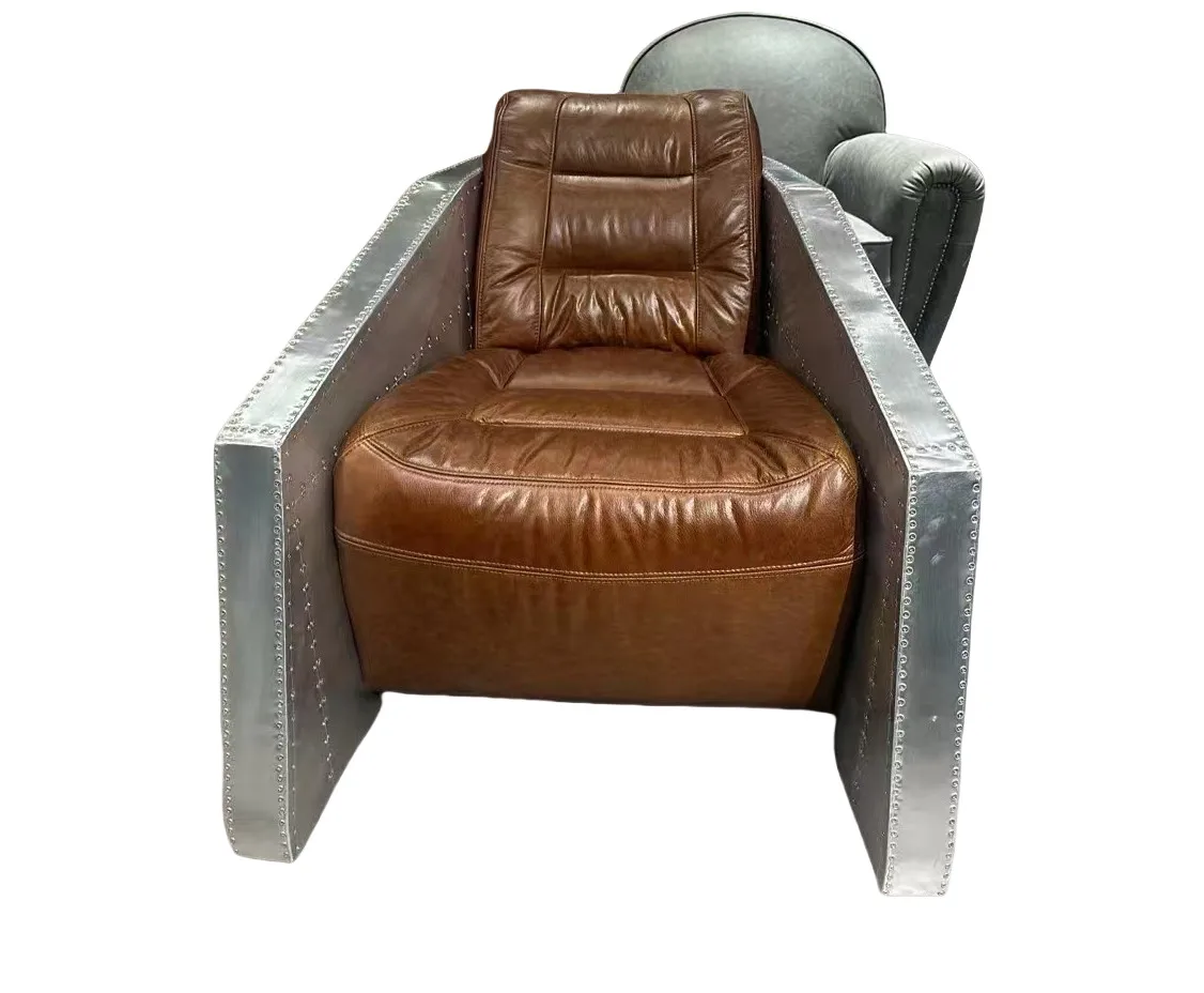 Aviator Retro Industrial Luxury Chaise Lounge Chair with Real Leather Vintage Design for Living Room & Bedroom Home Furniture