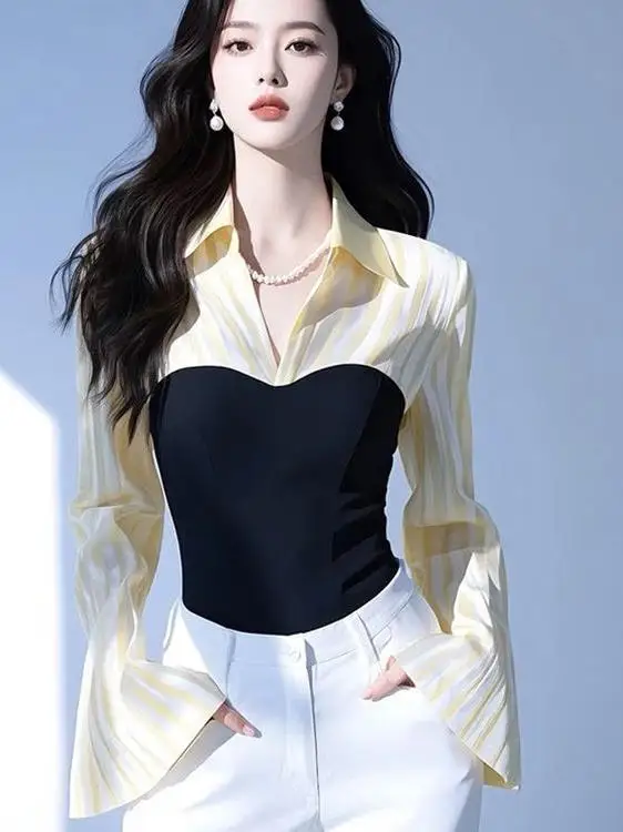 Unique Chic Striped Patchwork Long Sve Women's irt Spring Autumn Slimming Slim Fit Bell Sve Top Korean Sle Commute