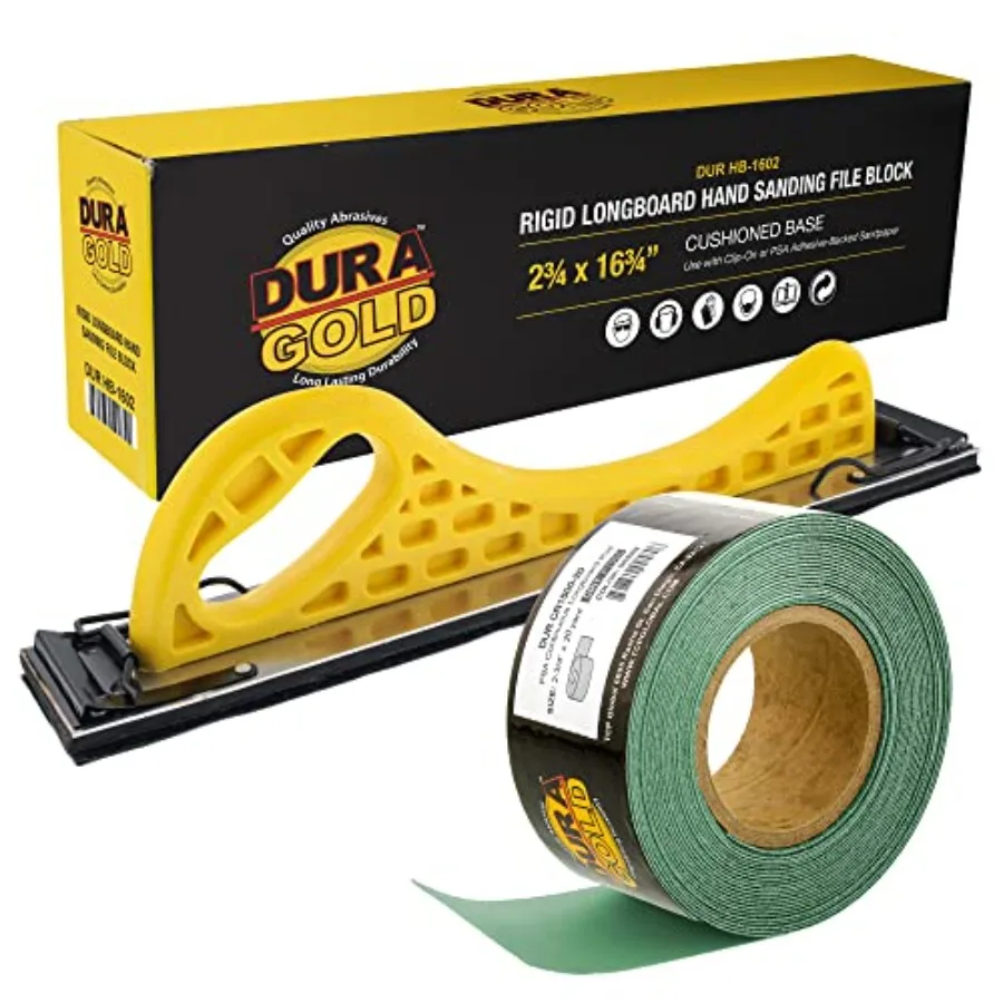 

Dura-Gold Pro Series Longboard Hand Sanding File Sander Block - Hook and Loop Backing and PSA Adapter Pad and 1500 Grit Green S