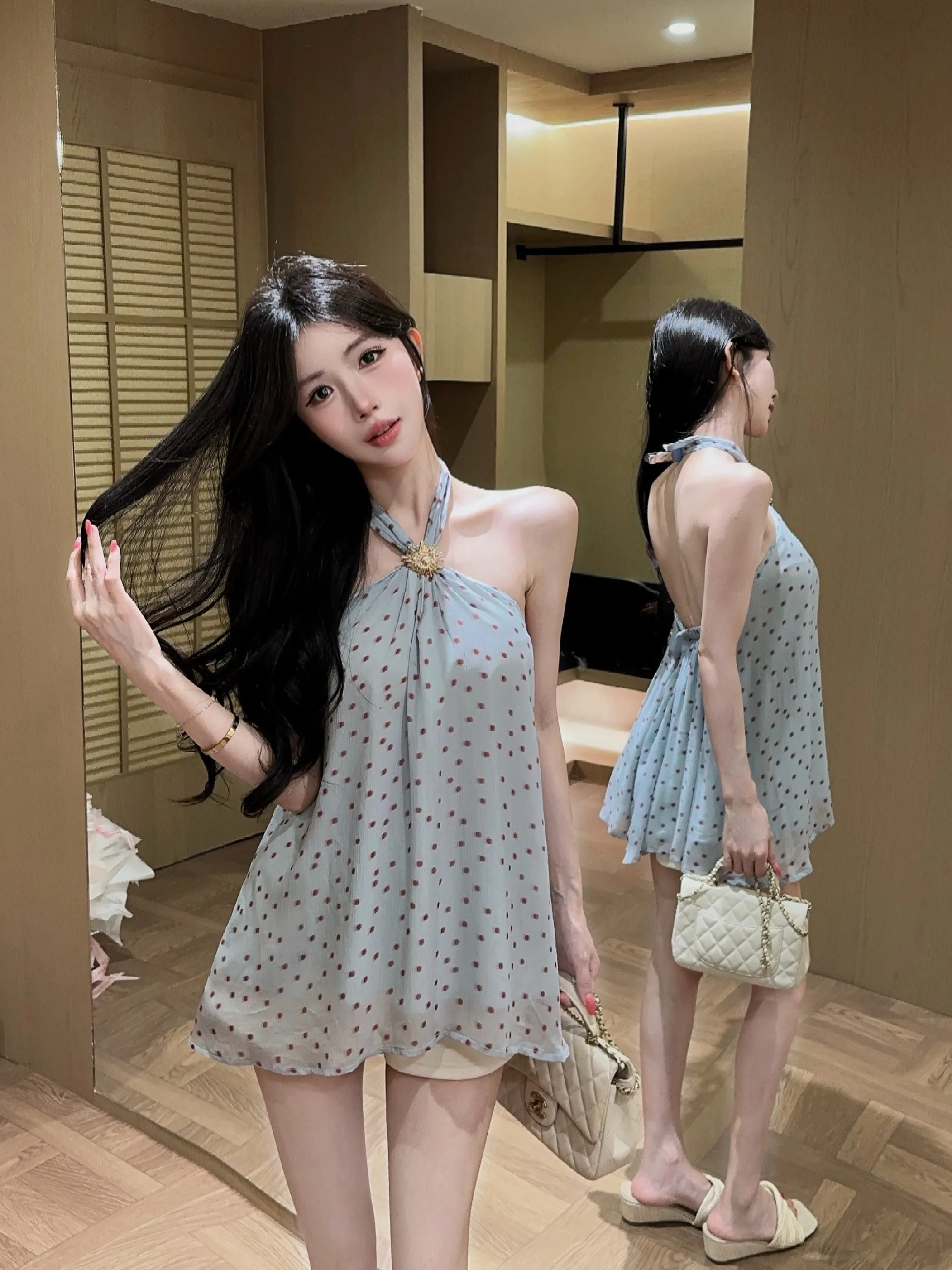 

Blue Polka Dot off Shoulder Vest Strap Women Summer Sweet Style Unique Beautiful Outdoor Wear Backless Small Shirt Top