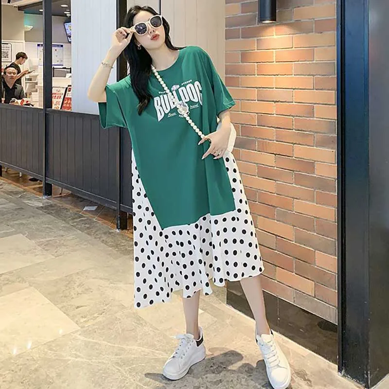 

Fashion Spliced Printed Fake Two Pieces Polka Dot Casual Dresses Female Clothing 2024 Summer New Oversized Korean Midi Dress