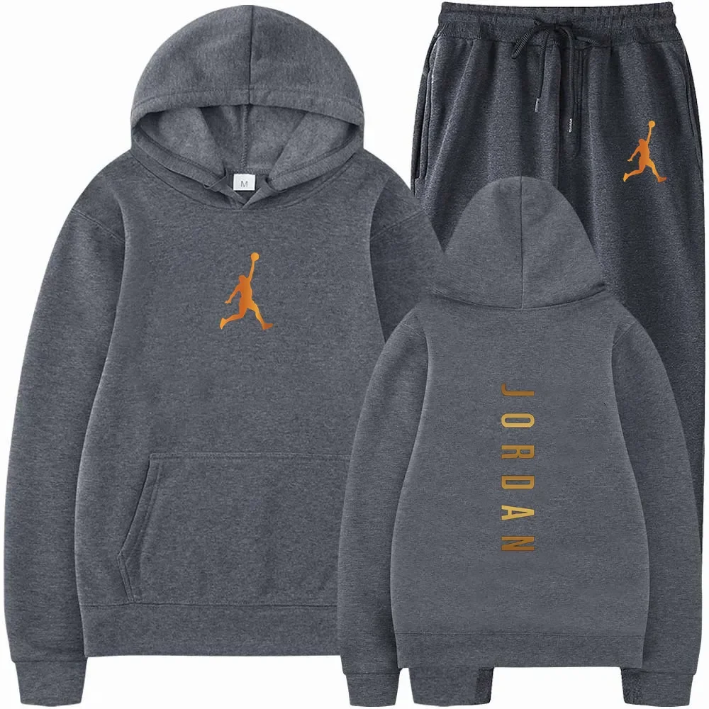 Men's pullovers for autumn and winter, solid-color hoodie + stretch waist jogging pants two-piece set, fashionable outdoor casua - Image 2