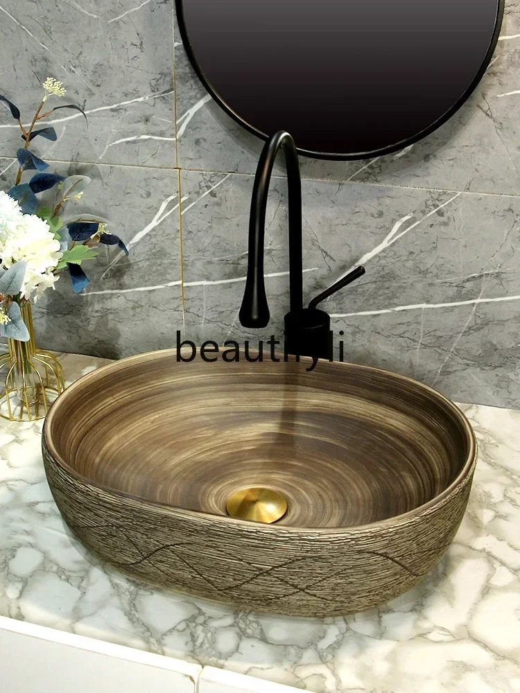 

ss D SS Ceramic retro countertop basin Wood grain homestay art wash basin Household bathroom wash