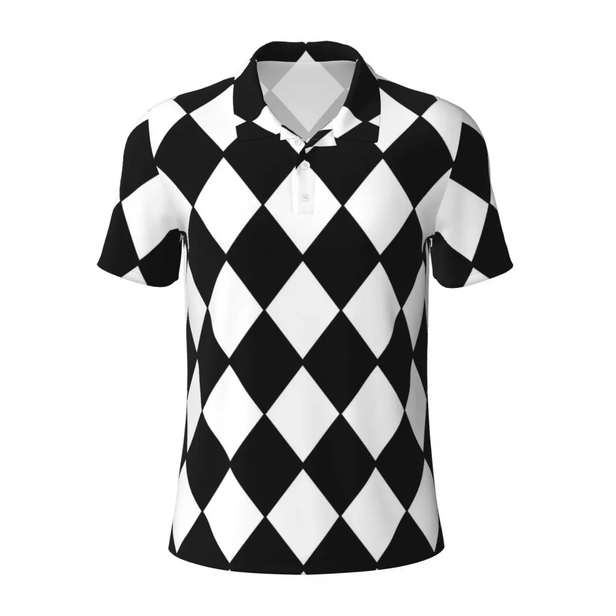 Check Print Polo Shirts Man Black and White Contrast Casual Shirt Beach Streetwear Collar T-Shirts Short-Sleeve Oversize Clothes