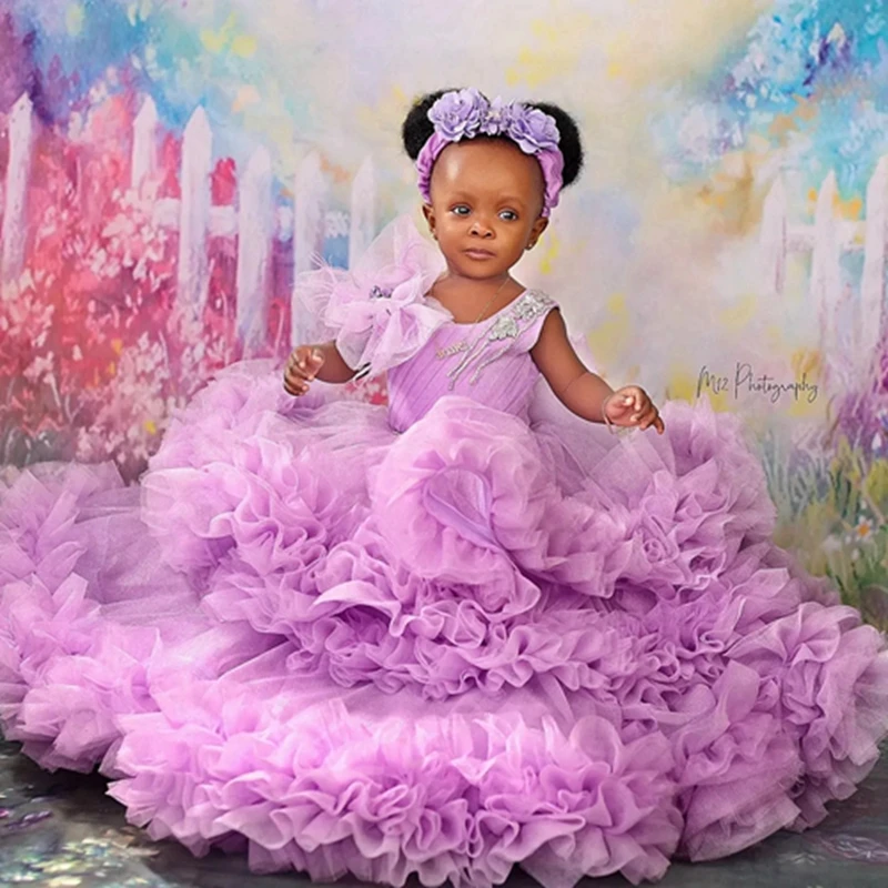 

Extra Puffy Lavender Tulle Long Kids Communion Dresses Shoulder Flowers Feather Beading Girls Ball Gowns To Brithday Party