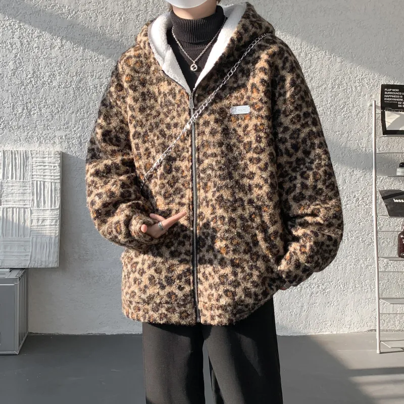 

American Sle Leopard Print Lamb Fur Cotton Jaet Men's Youthful Winter Hooded Cotton Clothes Faionable Urban Casual Thic...