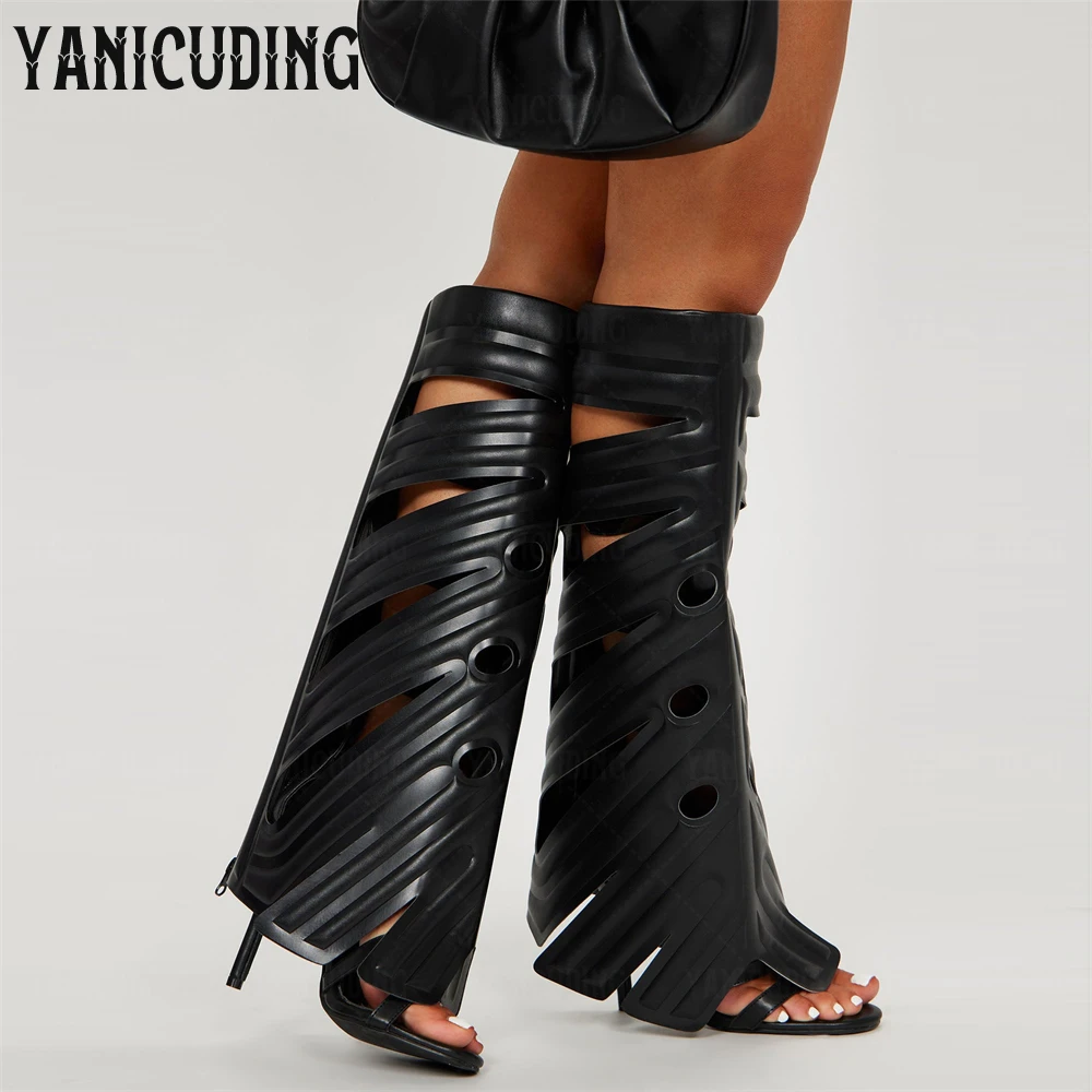 Leaf Design Leather Knee Boots Round Open Toe Stiletto Heel Summer Boots Novelty Designer Style Handmade Sandals Boots for Women