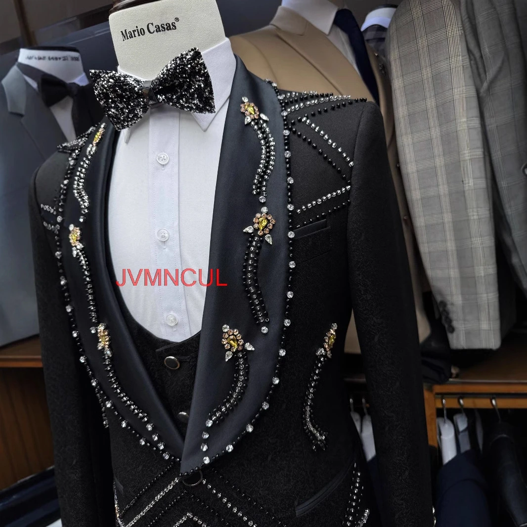 Men Suit Europe Style Handmade Beaded Suit 3PCS Slim Fit Blazer Waistcoat Trousers Wedding Ceremony Party Formal Wear Set