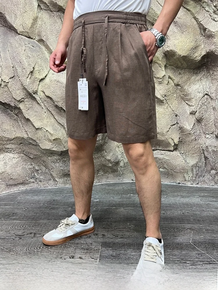 

High-End Linen Blend Men's Short Pants Elastic Waistband Skin-friendly Breathable Summer New Style Loose Fit mid Waist