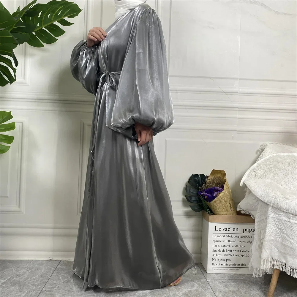 2025 Eid Mubarak Open Abaya Women Dress Puff Sleeve Kaftan Robe Femme Musulmane Gowns Jilbab Khimar Ramadan Hijab Islam Clothing