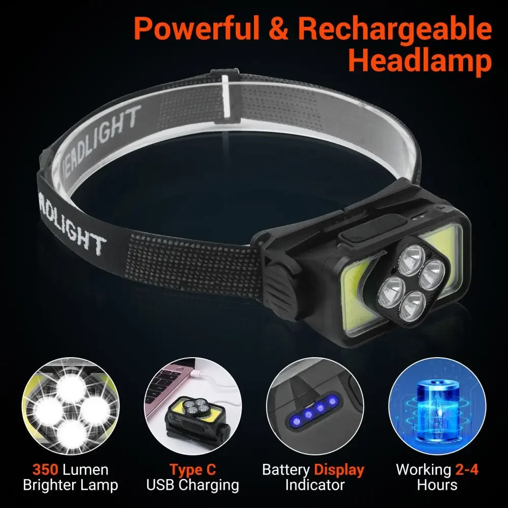 Bright Mini COB/LED Wave Sensor Headlamp Portable Type-C Charging Capacity Display Outdoor Night Fishing Waterproof Head Lamp