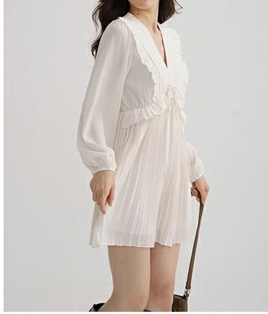 Elegant Ruffled Chiffon Dress for Women Long Sleeve V-Neck Pleated A-Line Mini Dress Elastic Dress for Autumn Party Daily Wear