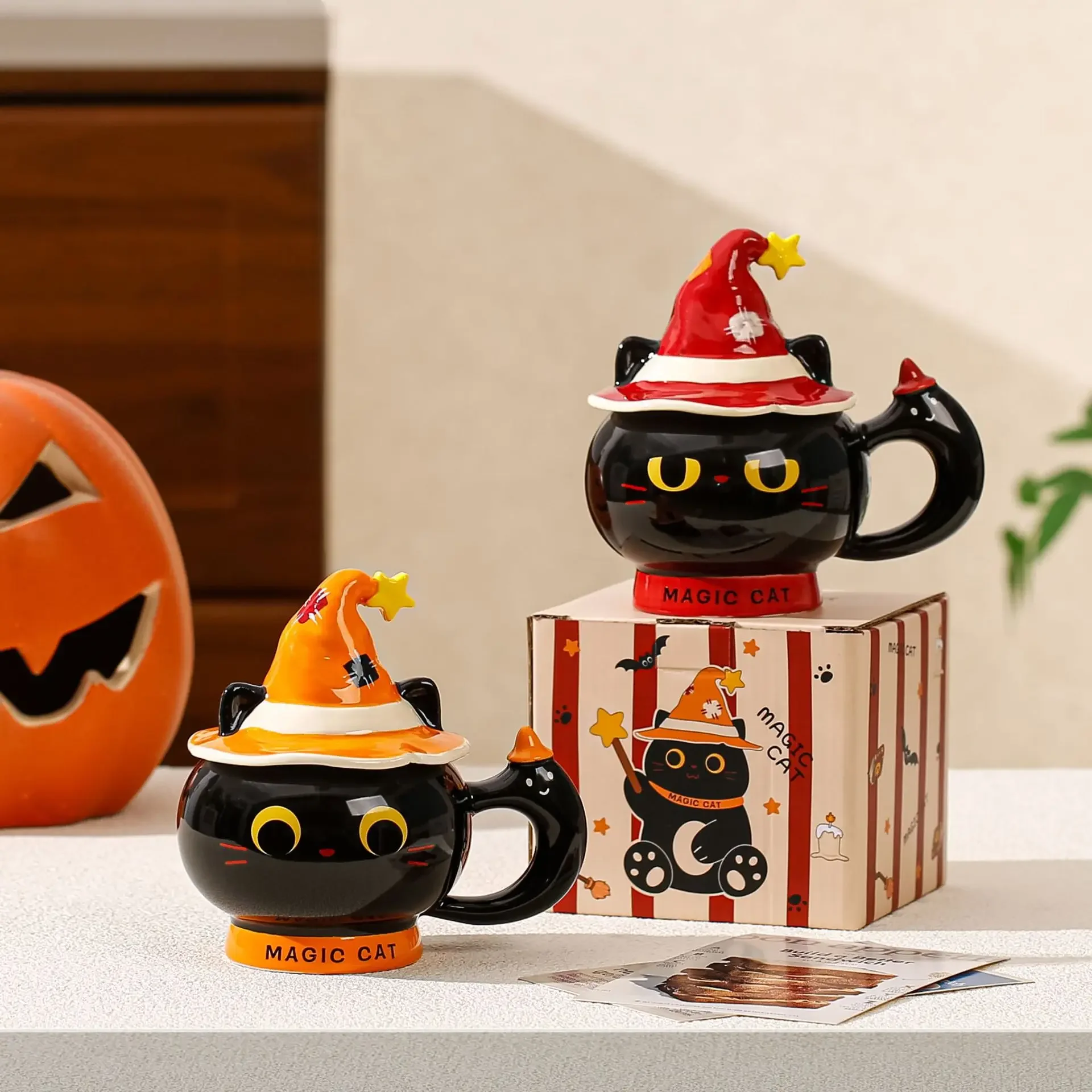 Cartoon Magic Hat Cat Coffee Mug with Lid, High Beauty Ceramic Cup, Women Home Office Gift