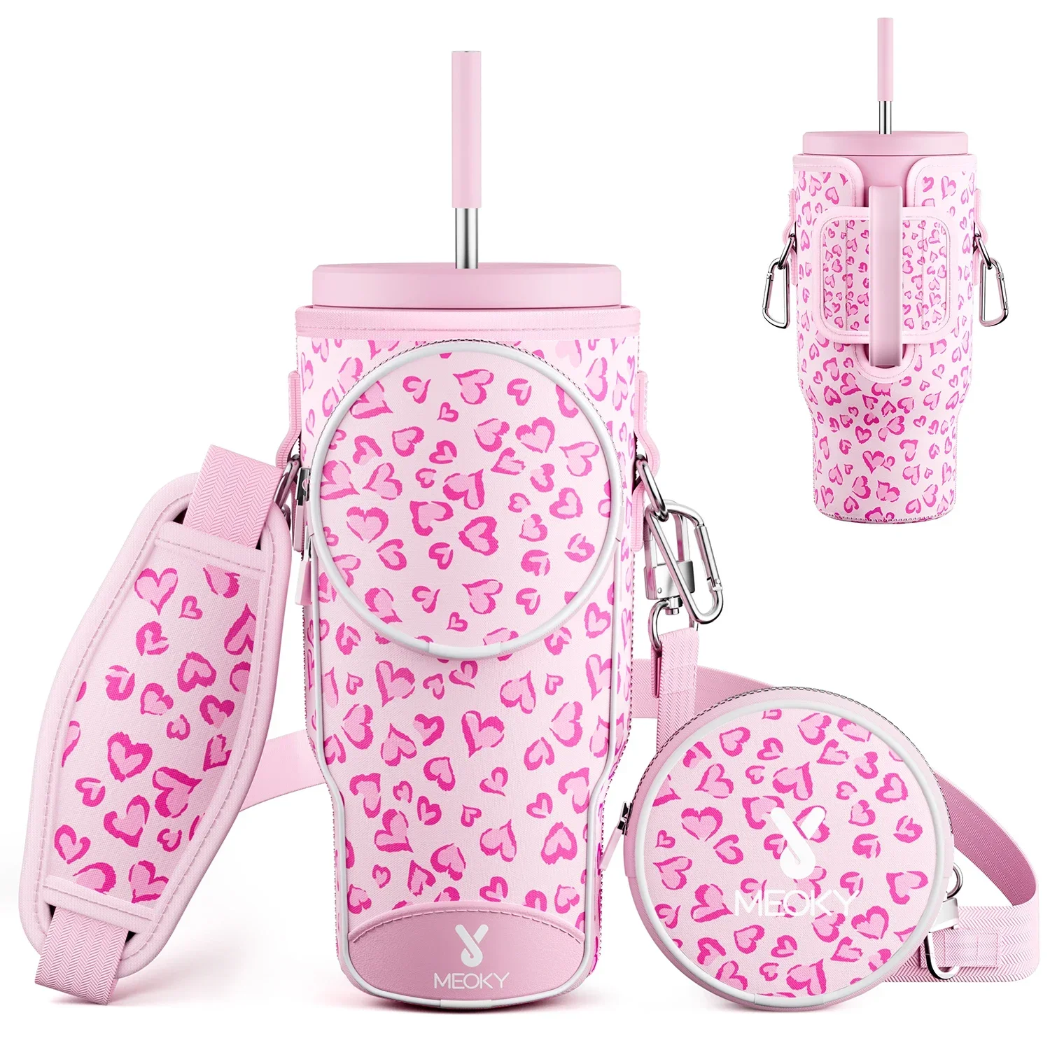 40oz Pink Love Water Bottle Carrier Bag For Vacuum Cup Sleeve Non-slip Insulated Mug Cover Adjustable Shoulder Strap Termos