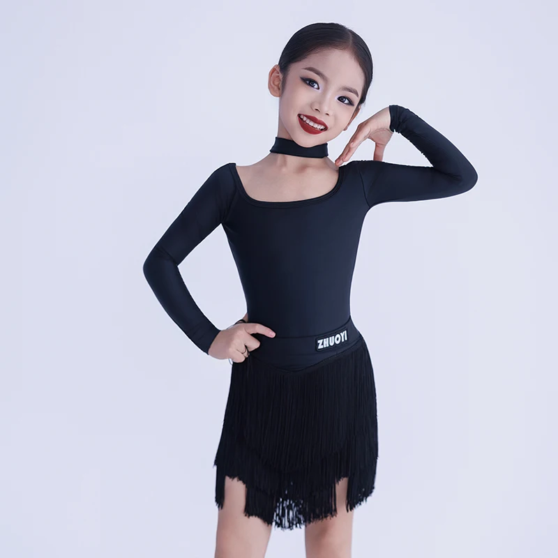 Meninas mangas compridas dança latina franjas vestido ternos crianças roupas de dança profissional desempenho dança wear sl14346