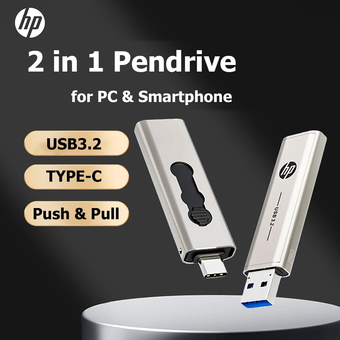 100% 오리지널 HP OTG C 타입 USB 플래시 드라이브, 노트북 PC 미디어 플레이어 핸드폰용 U 디스크, USB 3.2, 256GB, 128GB, 64GB, 2 in 1