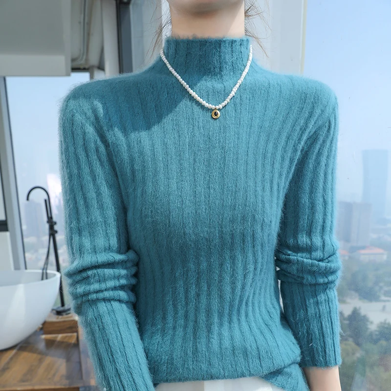 100% Pure Mink Cashmere Knit Pullover Lady's Semi-High Neck Slim Sprout Sweater Casual Joker Warm Bottoming Shirt Autumn Blouse