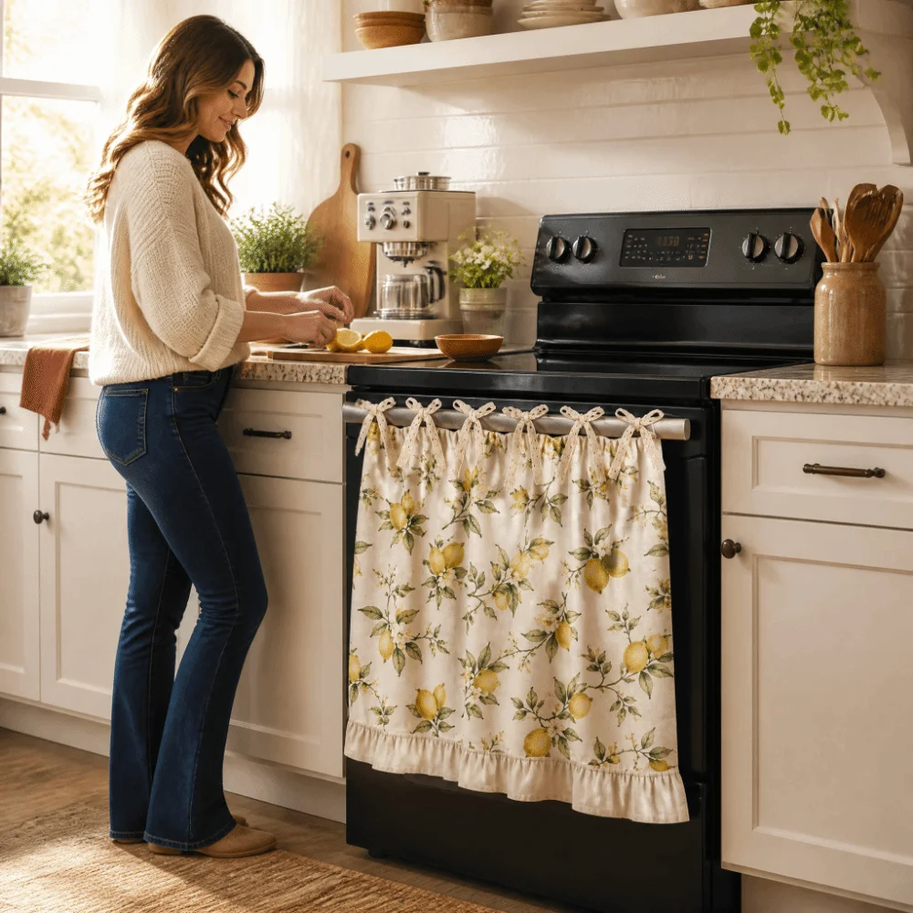 Ruffle Trim Bow Tie Oven Cover Curtain Plaid Floral Print Cotton Linen Blend Rustic Oven Decor Curtain Tie Ribbon Dust-proof