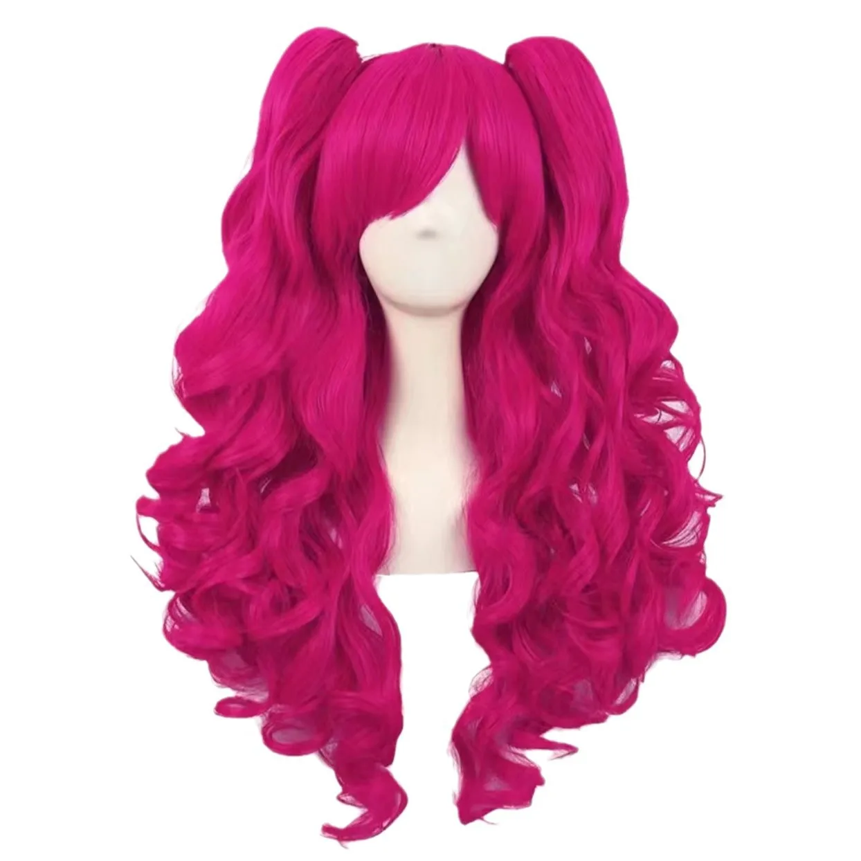 Synthetic Pink Long Curly Ponytail Cosplay Wig Animated Style Decor Twin Tails Clip-On Mi-ku Inspired Costume Hair
