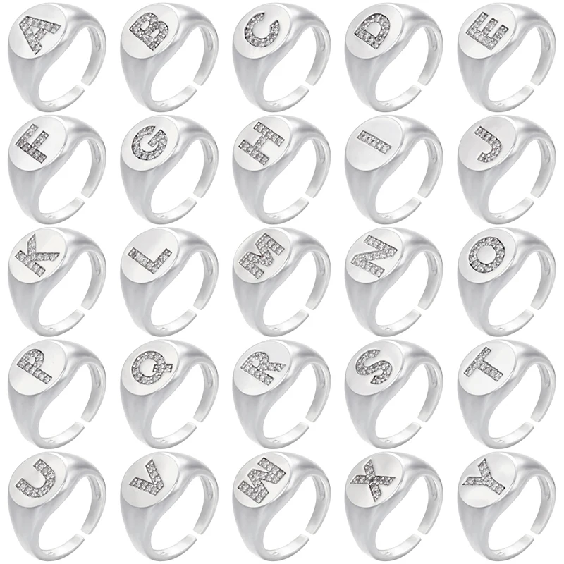 ZHUKOU silver color A-Z Initial Signet Rings For Women Men Statement Ring 26 letters women adjustable rings wholesale VJ165