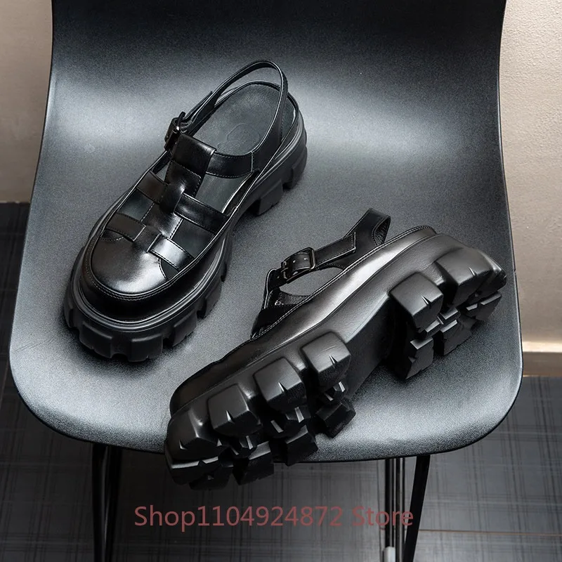 

Designer High End Cowhide Thick Soled Platform Sandals Men's Shoes Summer Black Genuine Leather Outdoor Beach Sandals Male
